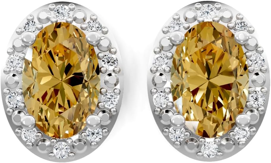 10K White Gold Oval Gemstone and Natural Round Diamonds Stud Earrings for Women - Hypoallergenic Trendy Ladies Earrings for Women - Jewelry Gifts for Wife