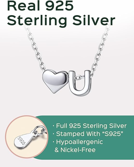 ChicSilver 925 Sterling Silver Heart Initial Necklaces for Women -Dainty Personalized Heart Pendant Letter Alphabet Necklace for Women