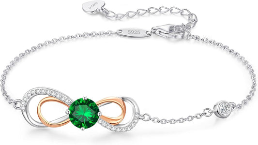 LOUISA SECRET Rose Gold Infinity Heart Bracelet for Women, Adjustable Chain 925 Sterling Silver Link Birthstone Bracelets, Best Anniversary Birthday Jewelry Gifts for Women Mom Wife Her