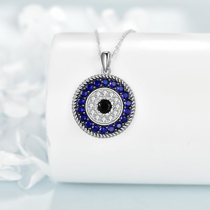 YFN Evil Eye Pendant Necklace for Women 925 Sterling Silver Greek Protection Jewelry with Blue Sapphire and Black Cz Amulet Gift
