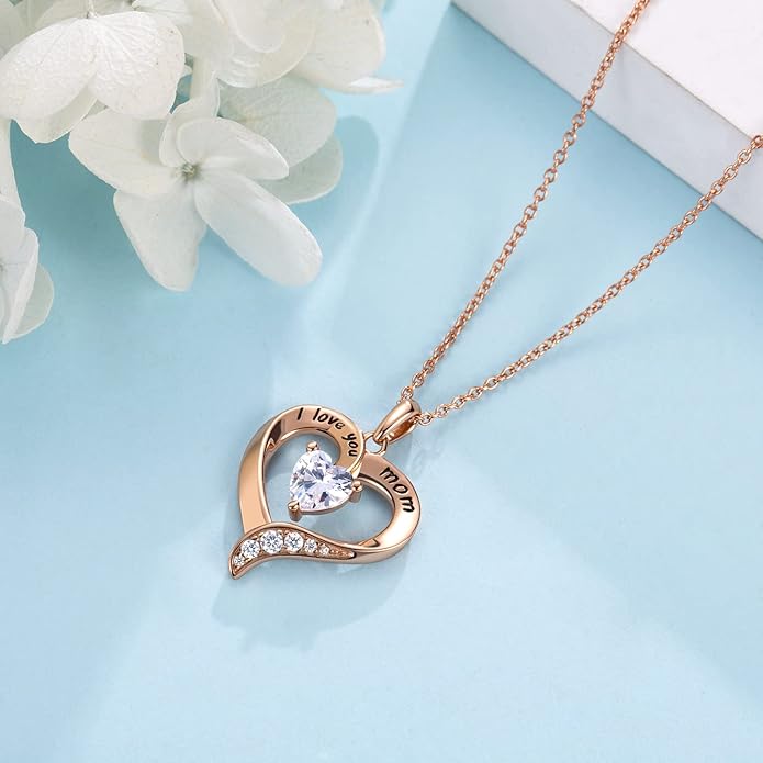 NINAMAID Mom Necklace 925 Sterling Silver Heart Necklaces for Women Engraved I Love You You Mom Gifts for Mom from Daughter
