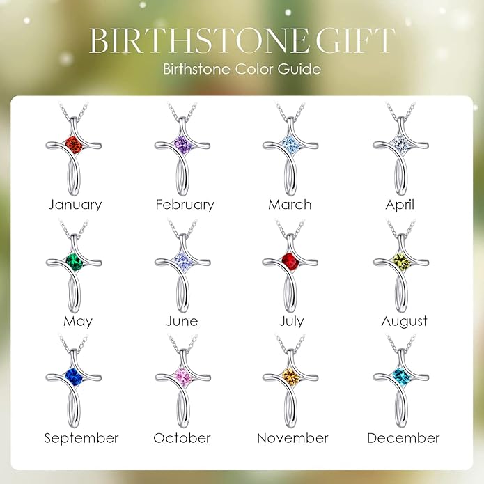 NINAMAID Cross Necklace for Women, 925 Sterling Silver Birthstone Necklace for Women with Diamond Sideways Cross Necklaces Birthstone Jewelry Birthday Gifts for Womens