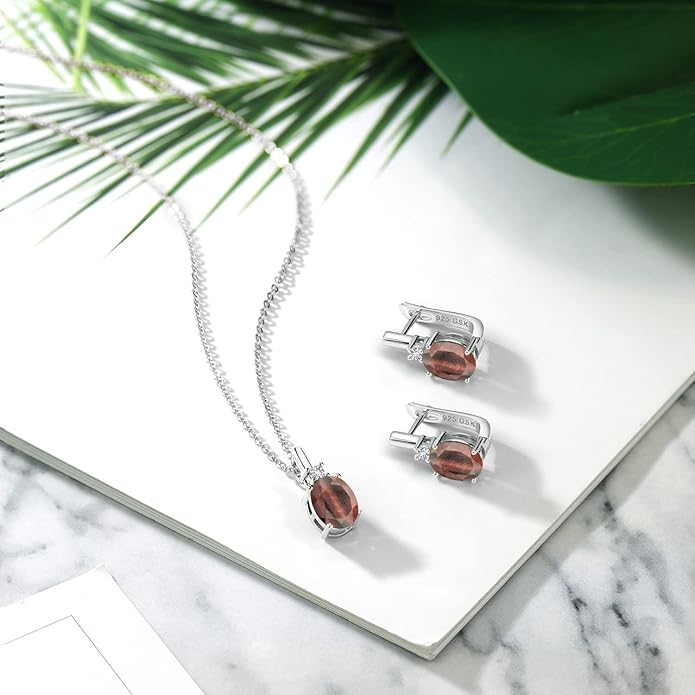 Gemstone Birthstone and White Created Sapphire Pendant and Earrings Jewelry Set for Women in 925 Sterling Silver | Oval 8X6MM and Round 2.5MM | With 18 Inch Chain | Fine Jewelry for Her Mom Women Wife