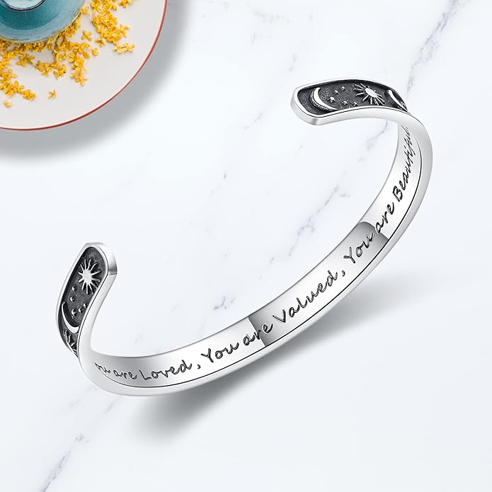 TONY & SANDY Inspirational Bracelets for Women Teen Girls Personalized Gifts for Daughter Granddaughter Mom Sister Friends Stainless Steel Engraved Cuff Birthday Easter Christmas