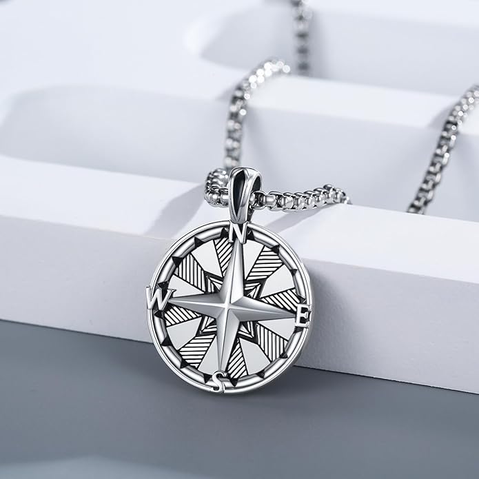 KINGWHYTE Compass Necklace for Men 925 Sterling Silver Birthday Gifts Graduation Travel Jewelry for Husband Brother with Stainless Steel Chain