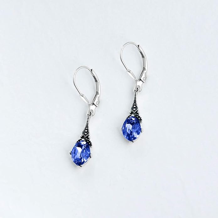 AOBOCO Vintage Earrings for Women Sterling Silver Retro Drop Dangle Leverback Earrings with 8x6mm Oval Genuine or Simulated Birthstone Crystal from Austria, Anniversary Jewelry Gifts for Her Women