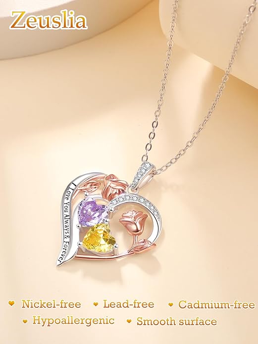 Zeuslia Double Birthstone Necklace Gifts for Wife - 925 Sterling Silver Sunflower/Rose/Crown Cross/Compass/Heart Pendant I Love You Necklace, Anniversary Birthday Gifts for Wife Girlfriend Mom Her