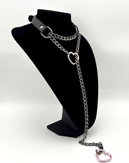 Black Leather Choker Collar For Women, Handmade Heart Slip Chain Choker Long Necklace with Adjustable Buckle