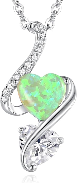 LOUISA SECRET 925 Sterling Silver Opal Birthstone Necklace, Unique Tiny Double Heart Pendant Jewelry, Engraved with "S925 I Love You" Best Birthday Gift for Women Wife Girlfriend Mom Her, Christmas Day Valentine's Day Anniversary Mother's Day