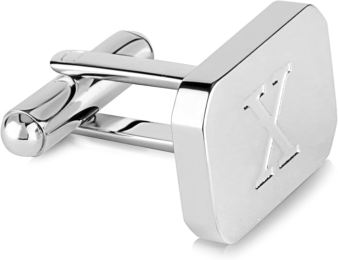 18K White-Gold Plated Initial Engraved Stainless Steel Men’s Cufflinks With Gift Box -Personalized Alphabet Letter’s A-Z By Lux & Pair