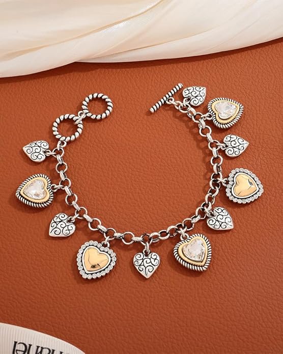 MYCUTEY Two Tone Heart Charm Bracelet for Women, Adjustable Cute Silver Chain Bracelets with Heart Charms, Trendy Love Bracelet for Daily Wear Mixed Metal Jewelry Valentines Day Gift