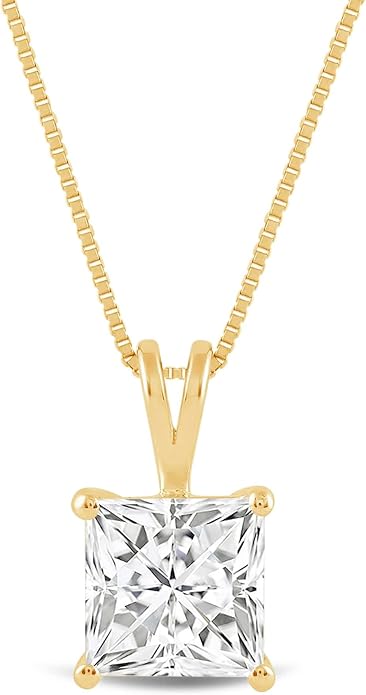 Everyday Elegance Solid 14K Gold Cubic Zirconia Solitaire Pendant Necklace for Women Heart, Princess, Round, Oval, Emerald, Pear & Cushion Cut 1 or 2 CTW | .60mm Thick 16" 18" Length Box Link Chain