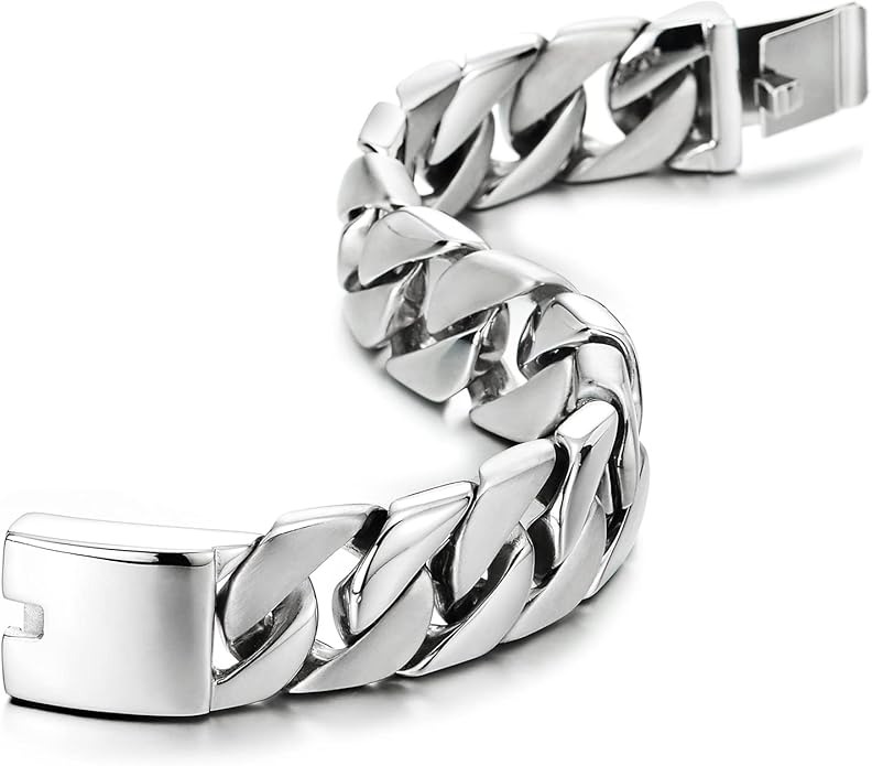 COOLSTEELANDBEYOND Mens Stainless Steel Large Curb Chain Link Bracelet Solid Curb Chain Wristband Biker Punk Jewelry Masculine Accessory