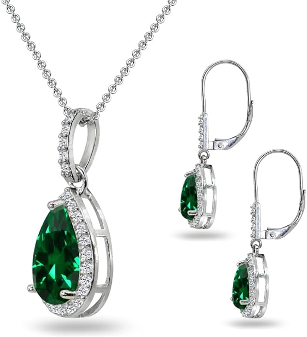 Jewelry Sets for Women, Necklace and Earring Sets for Women, Birthstone Jewelry, Genuine or Synthetic Gemstones, Teardrop Necklace and Dangle Earrings, Pendant Necklace, Sterling Silver Jewelry