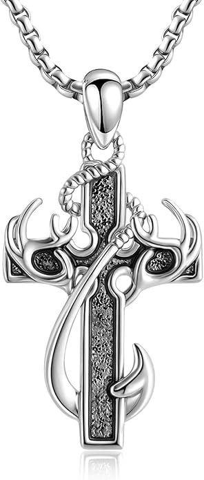 CCmfgjew Christmas Gifts Cross Necklace for Men Stainless Steel Fish Hook Pendant Antler Necklace Hunting Jewelry Gifts for Father Husband Brother 22+2”
