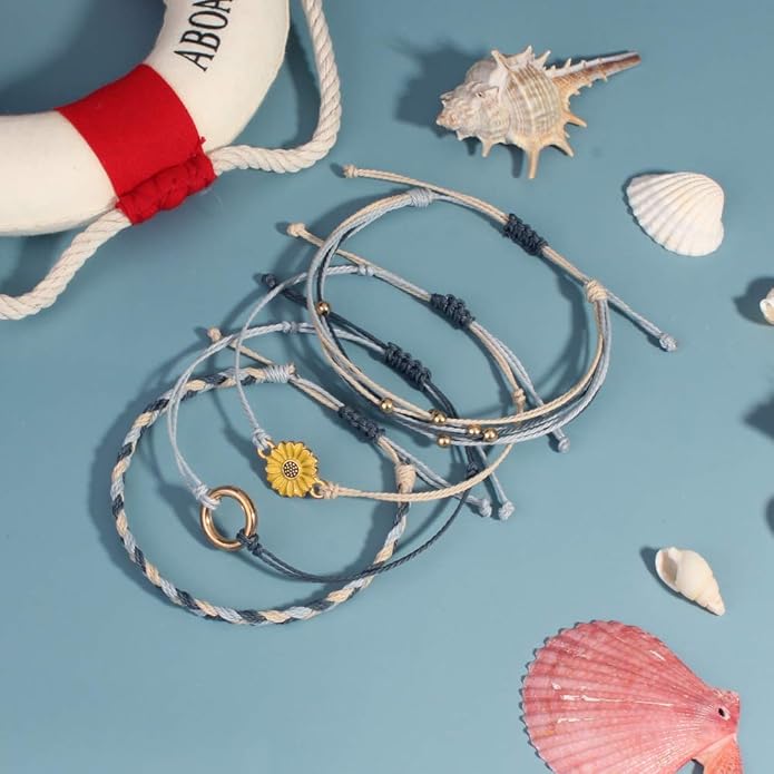 FANCY SHINY Sunflower String Bracelet Boho Braided Rope Wrap Bracelets Cute Summer Beach Surfer Jewelry for Women
