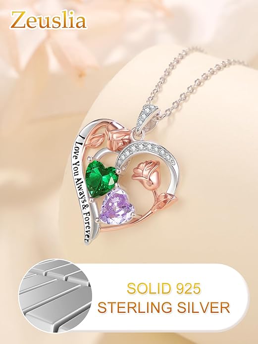 Zeuslia Double Birthstone Necklace Gifts for Wife - 925 Sterling Silver Sunflower/Rose/Crown Cross/Compass/Heart Pendant I Love You Necklace, Anniversary Birthday Gifts for Wife Girlfriend Mom Her