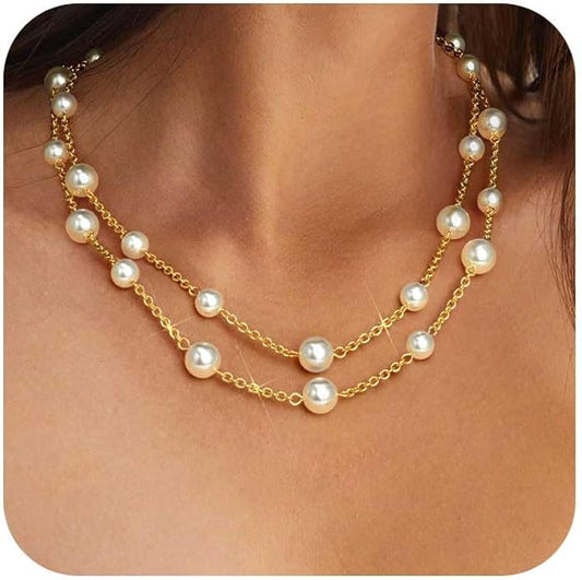 Gold Pearl Necklace for Women, Chunky 18K Gold Plated Layered Choker Chain - Double Layered Pearl Necklace, Trendy Gold Jewelry Birthday Gifts