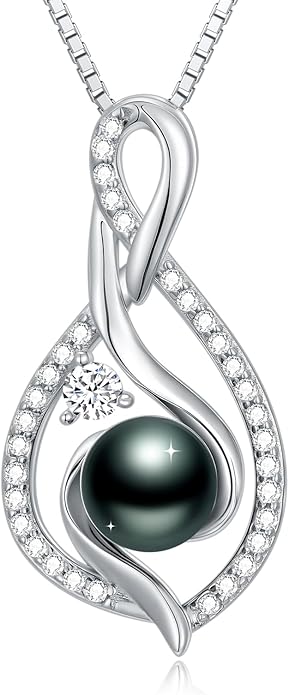 KANNSOAR Tahitian Black Pearl 18K White Gold Plated Sterling Silver Heart/Infinity/Four Leaf Clover Pendant Necklace Jewelry Gifts for Women Wife Mom Girlfriend Wedding Birthday Anniversary Christmas