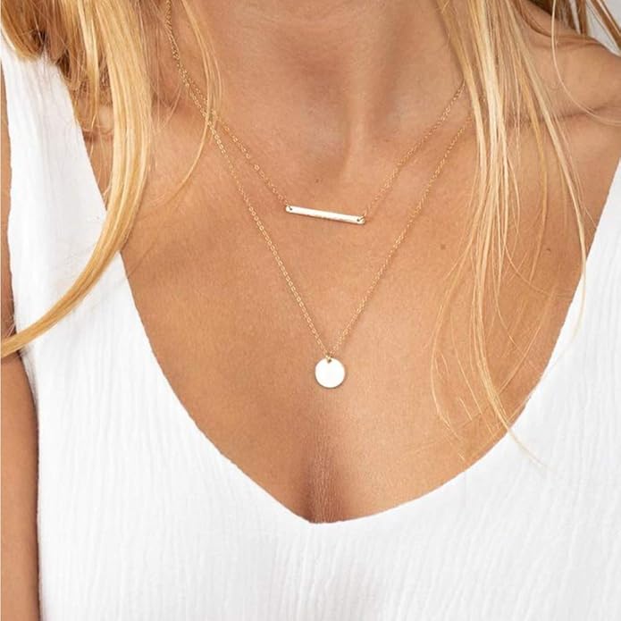 Turandoss Dainty Layered Choker Necklace, Handmade Y Pendant Necklace Multilayer Bar Disc Necklace Adjustable Layering Choker Necklaces for Women