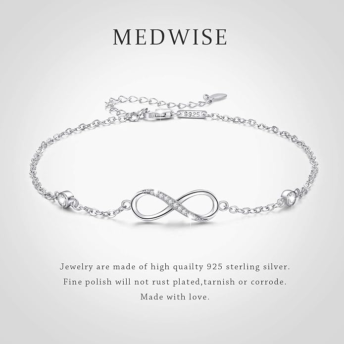 MEDWISE Womens Infinity Anklet Bracelet 925 Sterling Silver Endless Love Symbol Ankle Bracelet Adjustable Plus Size Large Bracelet Gifts for her Mother’s Day Gifts
