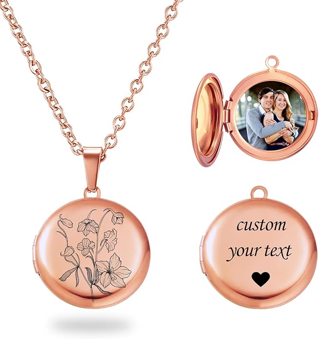 PHOCKSIN Personalized Locket Necklace for Women Photo Necklace with Customized Picture Birth Flower Birthstone New Years Gifts for Women
