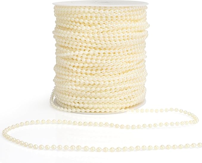 Pearl Beads Garland, 3mm String of Pearls, 164FT Pearl Garland for Christmas Tree, Christmas Faux Pearls Strand Roll for DIY Craft Xmas Wedding Party Supplies Flowers Decoration (Ivory)