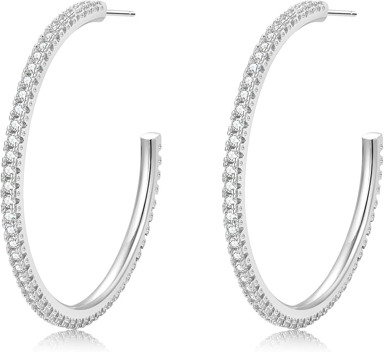 925 Sterling Silver Earrings Large Rhinestone Hoop Earrings Big Cubic Zirconia Hoop Earrings Thin Rhinestones Round Hoop Earrings for Women 20/30/40/50/60/70mm Sparkly Hoops With Crystals for Womens