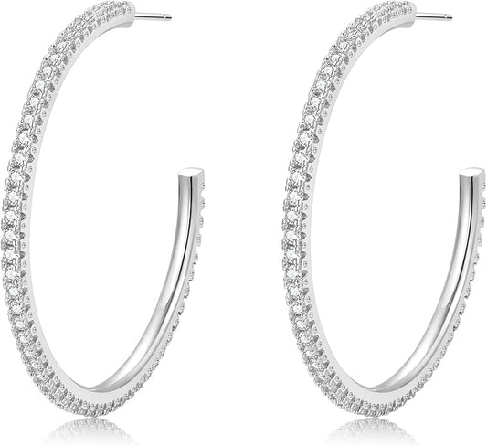 925 Sterling Silver Earrings Large Rhinestone Hoop Earrings Big Cubic Zirconia Hoop Earrings Thin Rhinestones Round Hoop Earrings for Women 20/30/40/50/60/70mm Sparkly Hoops With Crystals for Womens