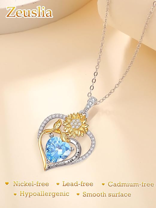 Zeuslia Double Birthstone Necklace Gifts for Wife - 925 Sterling Silver Sunflower/Rose/Crown Cross/Compass/Heart Pendant I Love You Necklace, Anniversary Birthday Gifts for Wife Girlfriend Mom Her