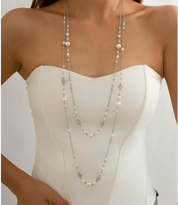 Long Pearl Necklaces for Women Pearl Long Chain Necklace Dainty Gold And Long Pearl Necklaces Layered Pearl Necklace Statement Sweater Strand Chain Jewelry