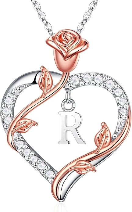 Iefil Rose Heart Necklaces Gifts for Women - 925 Sterling Silver Heart Initial Necklace, Anniversary Birthday Gifts for Women, Jewelry Gift for Wife Wife Girlfriend Mom