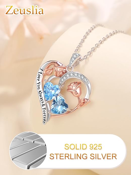 Zeuslia Double Birthstone Necklace Gifts for Wife - 925 Sterling Silver Sunflower/Rose/Crown Cross/Compass/Heart Pendant I Love You Necklace, Anniversary Birthday Gifts for Wife Girlfriend Mom Her
