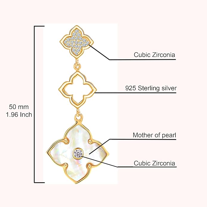 LeCalla 925 Sterling Silver Drop Earrings | Mother of Pearl Clover Earring | Mother of Pearl Stud Earring | Zirconia MOP Drop Dangle Hoop Earrings for Women