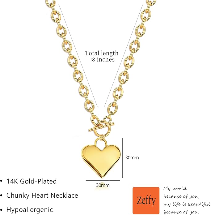 Zeffy Dainty Gold Heart Necklace for Women Trendy 14K Gold/Silver Plate Cute Heart Pendant Choker Necklaces Gold Love Heart Chain Necklace for Women Dainty Gold Jewelry Gifts for Women
