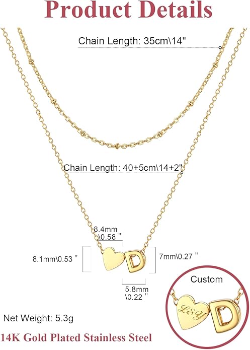 FOCALOOK Layered Initial Necklace for Women, 14K Gold Plated Choker Necklaces Stacks with Initial A-Z, Dainty Silver Heart Pendant Necklace Personalized Birthday Women Jewelry