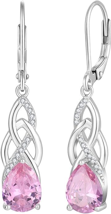 JO WISDOM Celtic Knot Infinity Jewelry Set for Women 925 Sterling Silver Pink Tourmaline Dangle Drop Leverback Earrings October Birthstone Necklace Pendant Gemstone Jewelry