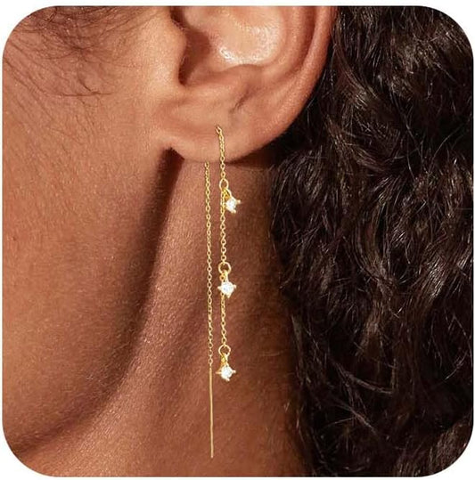 14K Gold Plated Dangle Earrings for Women - Dainty, Trendy, Hypoallergenic CZ Drop Earrings - Simple Long Dangling Jewelry