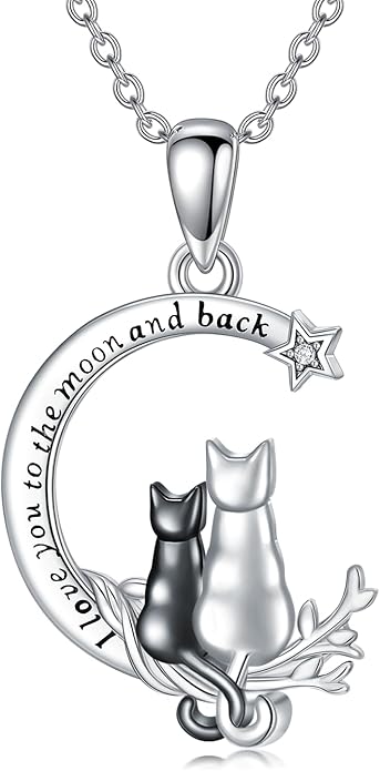 Cat Gifts for Women 925 Sterling Silver Heart Moon Cat Necklace Pendant Women Jewelry Halloween Christmas Gifts