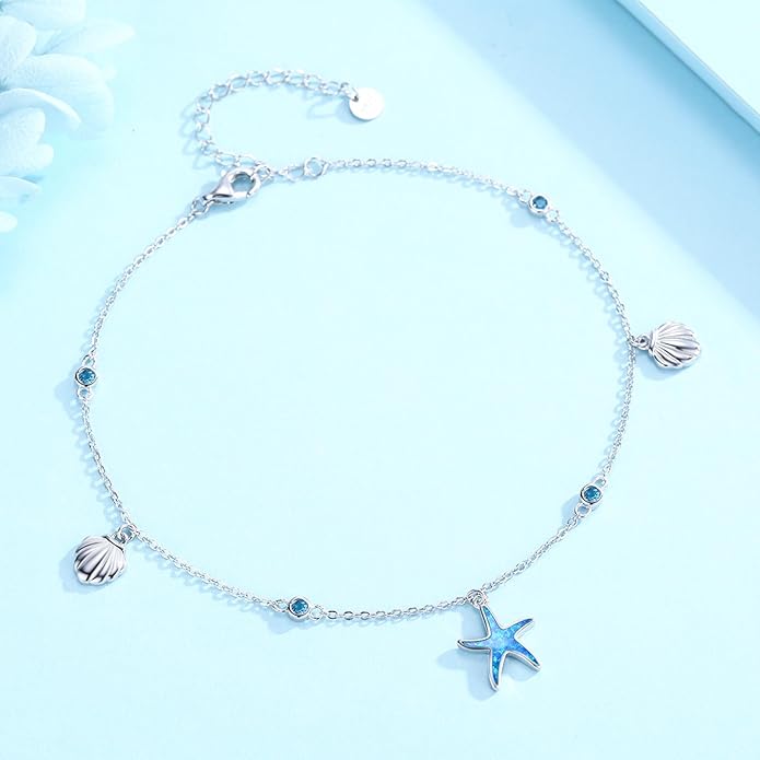 Sea Turtle/Starfish Anklet for Women 925 Sterling Silver Beach Anklet Bracelet Summer Jewelry Ocean Gifts for Beach Lovers Friends