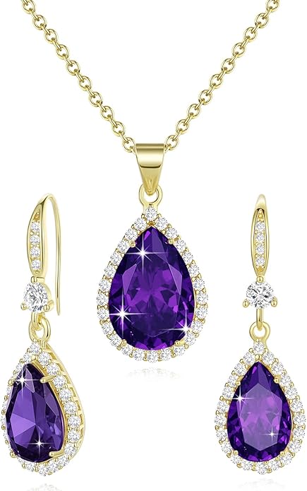 Sumonyo Women Jewelry Set Silver/Gold Plated Teardrop Pendant Necklace Dangle Drop Earrings Dangling Sets Birthstone Crystals Rhinestone,Birthday Anniversary Wedding Mother’s Day Gifts for Women