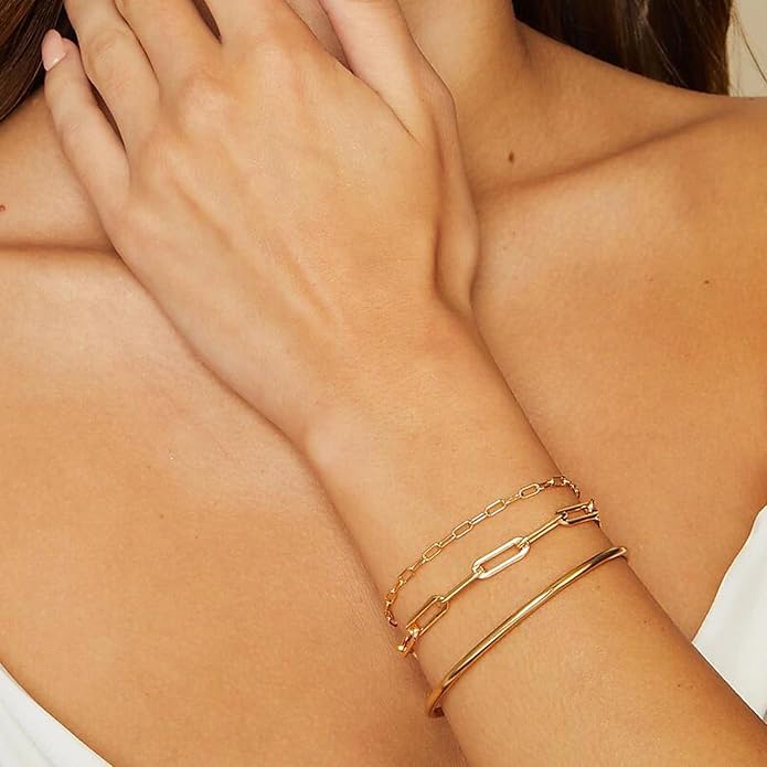 Kainier 3mm 14K Gold Plated Bracelet Stainless Steel Glossy Stackable Thin Round Bangle Bracelet for Women Solid Plain Polished Bracelet Best Gifts for Love