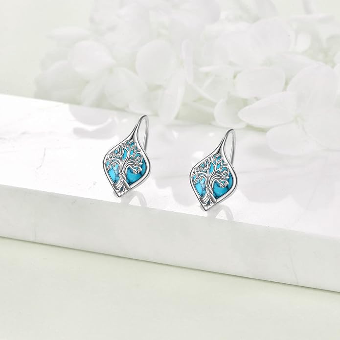 WINNICACA Leverback Earrings for Wonen 925 Sterling Silver Tree of Life Earrings Dangle Drop Turquoise Moonstone Moss Agate Heart Jewelry Gifts for Women Anniversary Birthday Christmas