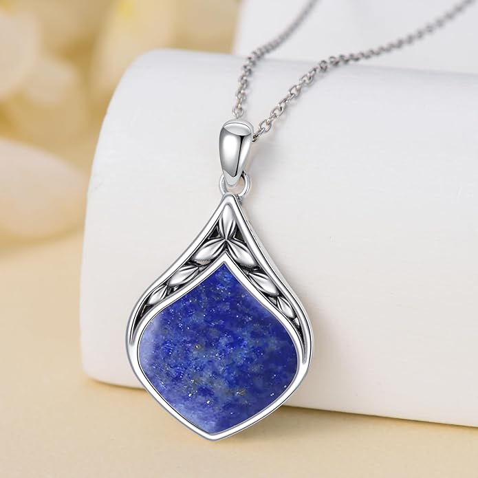 Teardrop Necklace 925 Sterling Silver Vintage Natural Gemstone Pendant Jewelry Birthday Christmas Gifts for Women Mom
