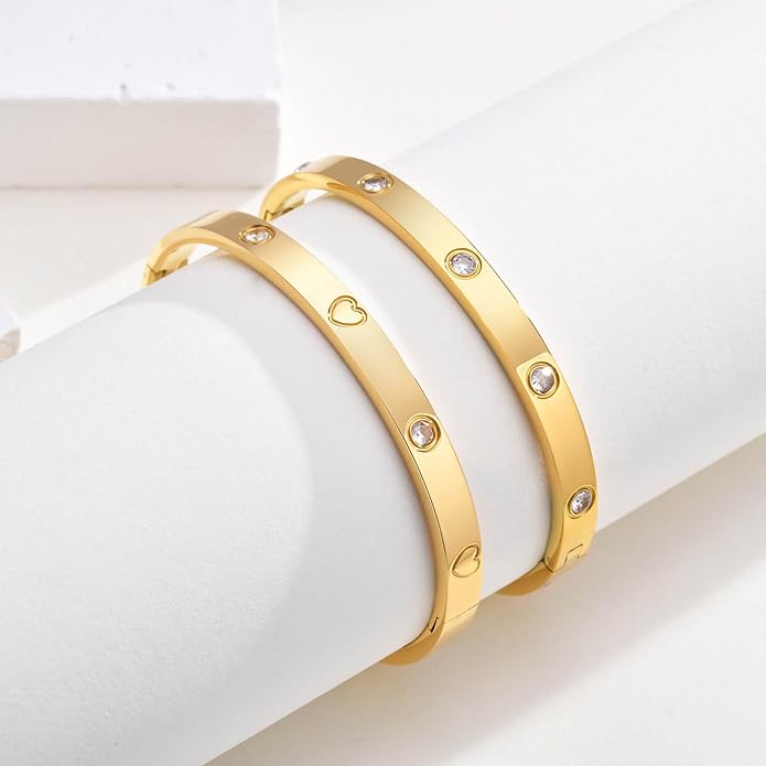 MPRAINBOW Gold Bracelets for Women, 2Pcs 18K Gold Plated Cubic Zirconia Bangle Crystal Friendship Bracelet Jewelry,Wedding Party Christmas Birthday Gifts for Her Girlfriend Sister Daughter