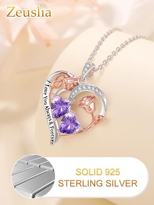 Zeuslia Double Birthstone Necklace Gifts for Wife - 925 Sterling Silver Sunflower/Rose/Crown Cross/Compass/Heart Pendant I Love You Necklace, Anniversary Birthday Gifts for Wife Girlfriend Mom Her