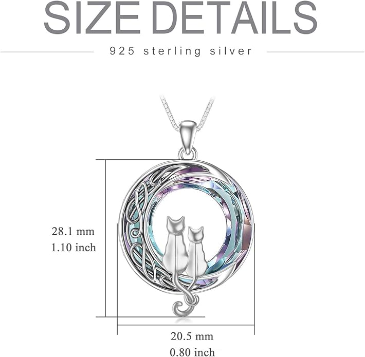 TOUPOP Christmas Cat Gifts for Cats Lovers One Two Three Four Cats Necklace Sterling Silver Cats on the Moon Pendant Necklace with Blue Circle Crystal Birthday Christmas Celtic Jewelry Gifts for Women