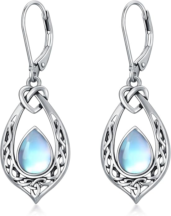 Celtic Knot Dangle Earrings 925 Sterling Silver Oxidized Vintage Drop Leverback Earrings with 8 * 6mm Simulated Birthstone Crystal Christmas Jewelry Gifts for Women (Gift Box)