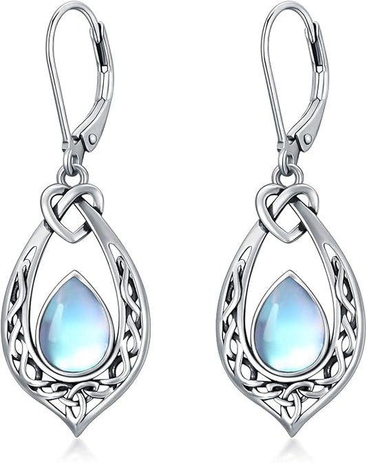 Celtic Knot Dangle Earrings 925 Sterling Silver Oxidized Vintage Drop Leverback Earrings with 8 * 6mm Simulated Birthstone Crystal Christmas Jewelry Gifts for Women (Gift Box)