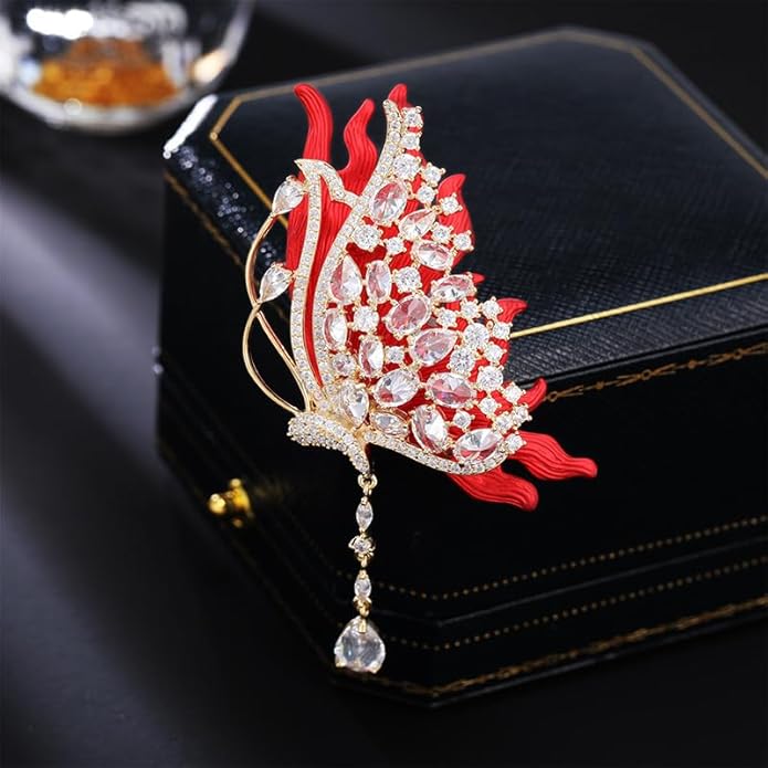 14K Gold Luxury Butterfly Brooch Sparkling Moissanite Accents & Enamel Painted Details, Retro Chic for Cheongsam, Coats & Formal Attire